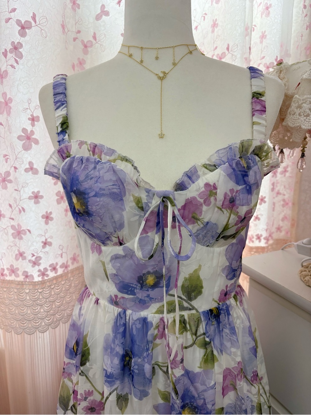 Lulus Hillela Ivory Floral Ruffled Lace-Up Midi Skater Dress - Picture 4 of 9